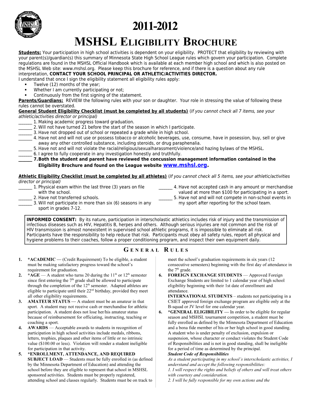 2000-2001 Athletic Eligibility Information