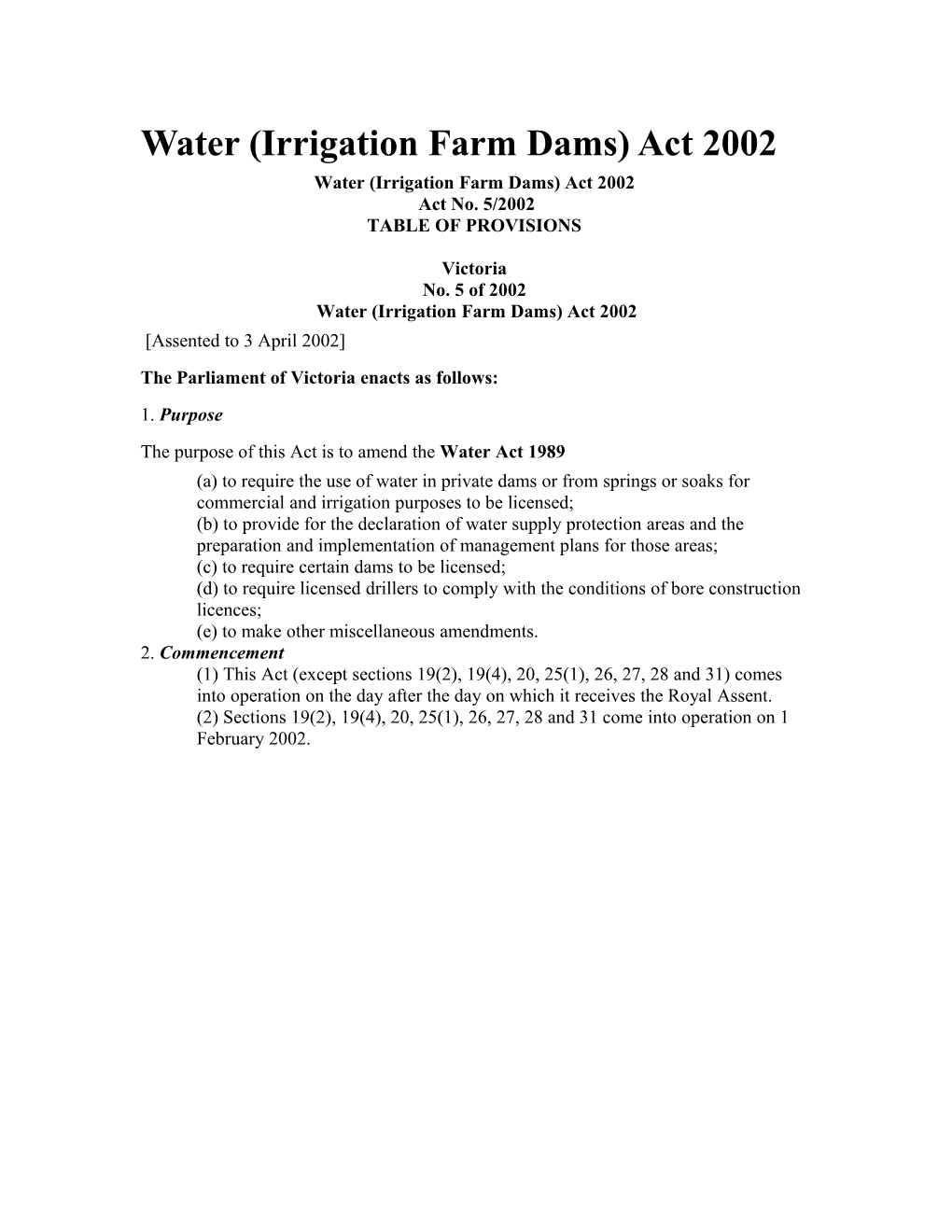 Water (Irrigation Farm Dams) Act 2002