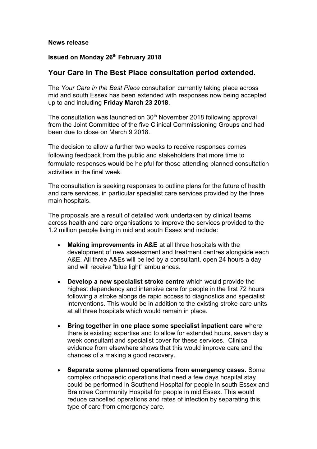 Your Care in the Best Place Consultation Period Extended