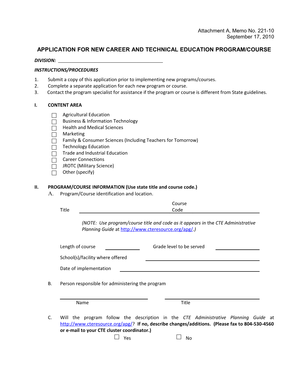 Application for New Career and Technical Education Program/Course
