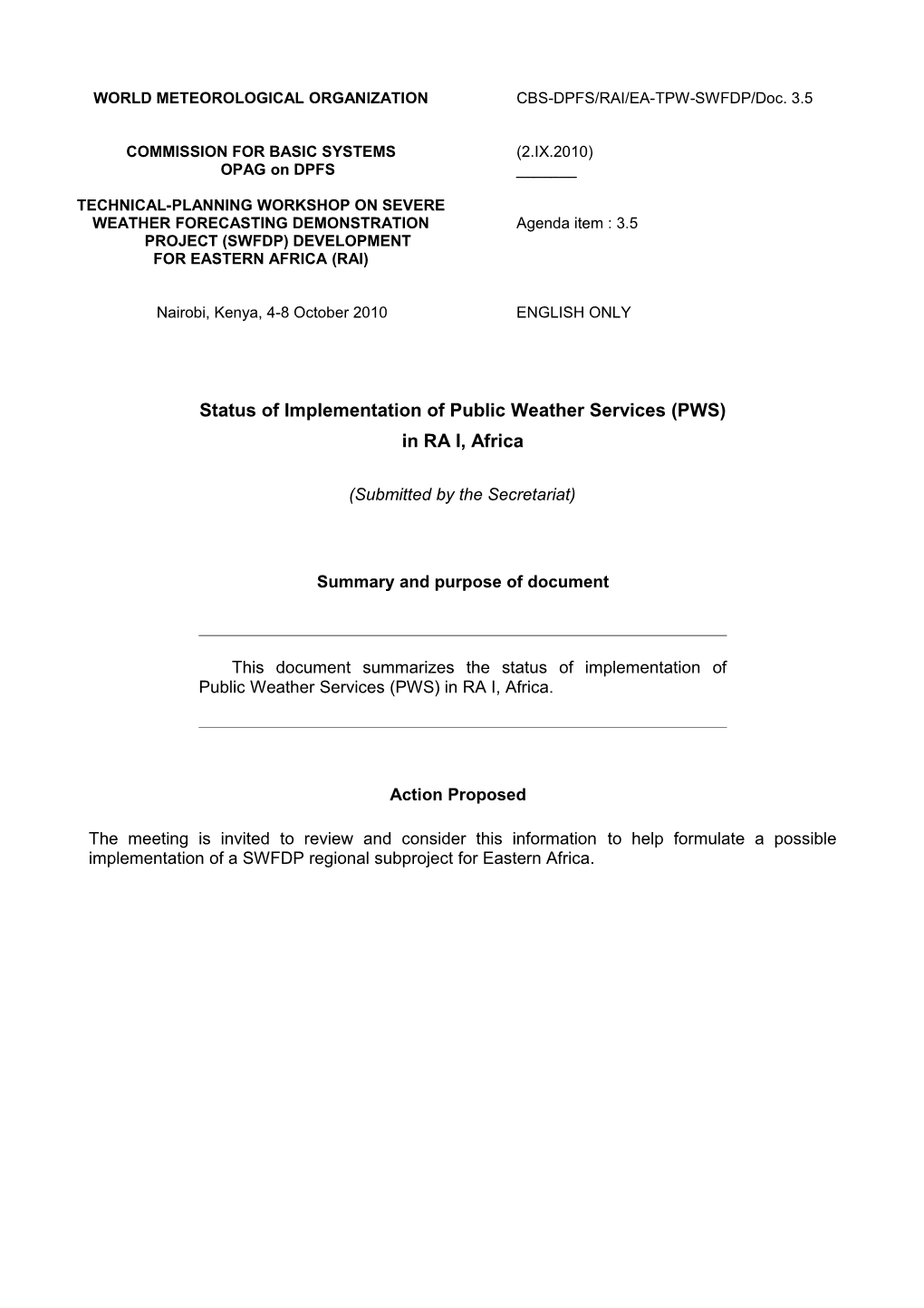 Status of Implementation of Public Weather Services (PWS) in RA I Africa