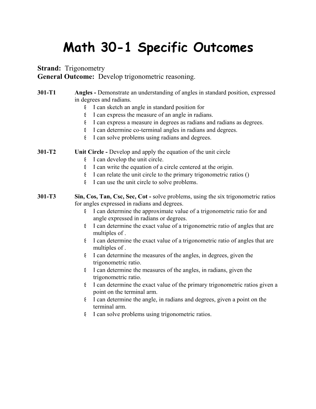 Math 30-1 Specific Outcomes