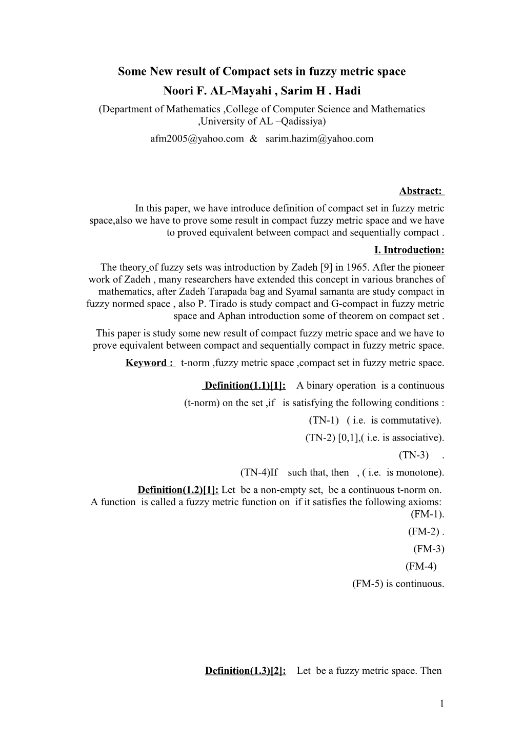 Some New Result Ofcompact Sets in Fuzzy Metric Space