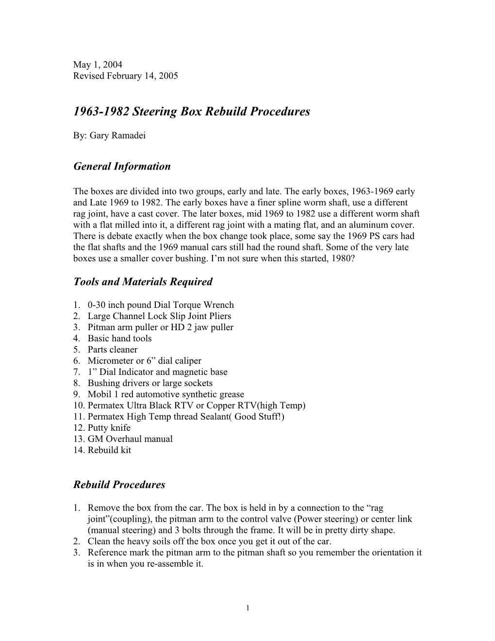 1963-1982 Steering Box Rebuild Procedures