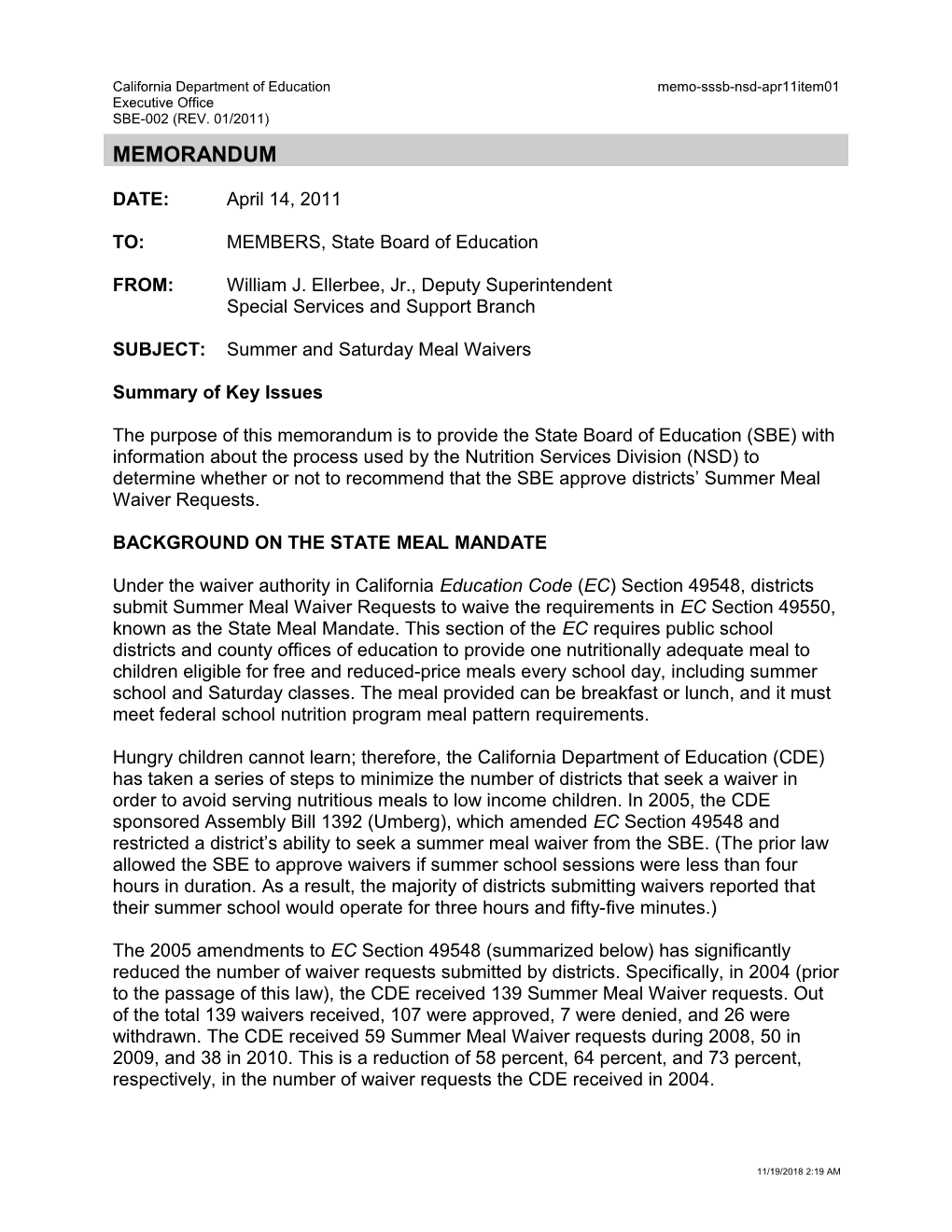 April 2011 Memorandum NSD Item 1 - Information Memorandum (CA State Board of Education)