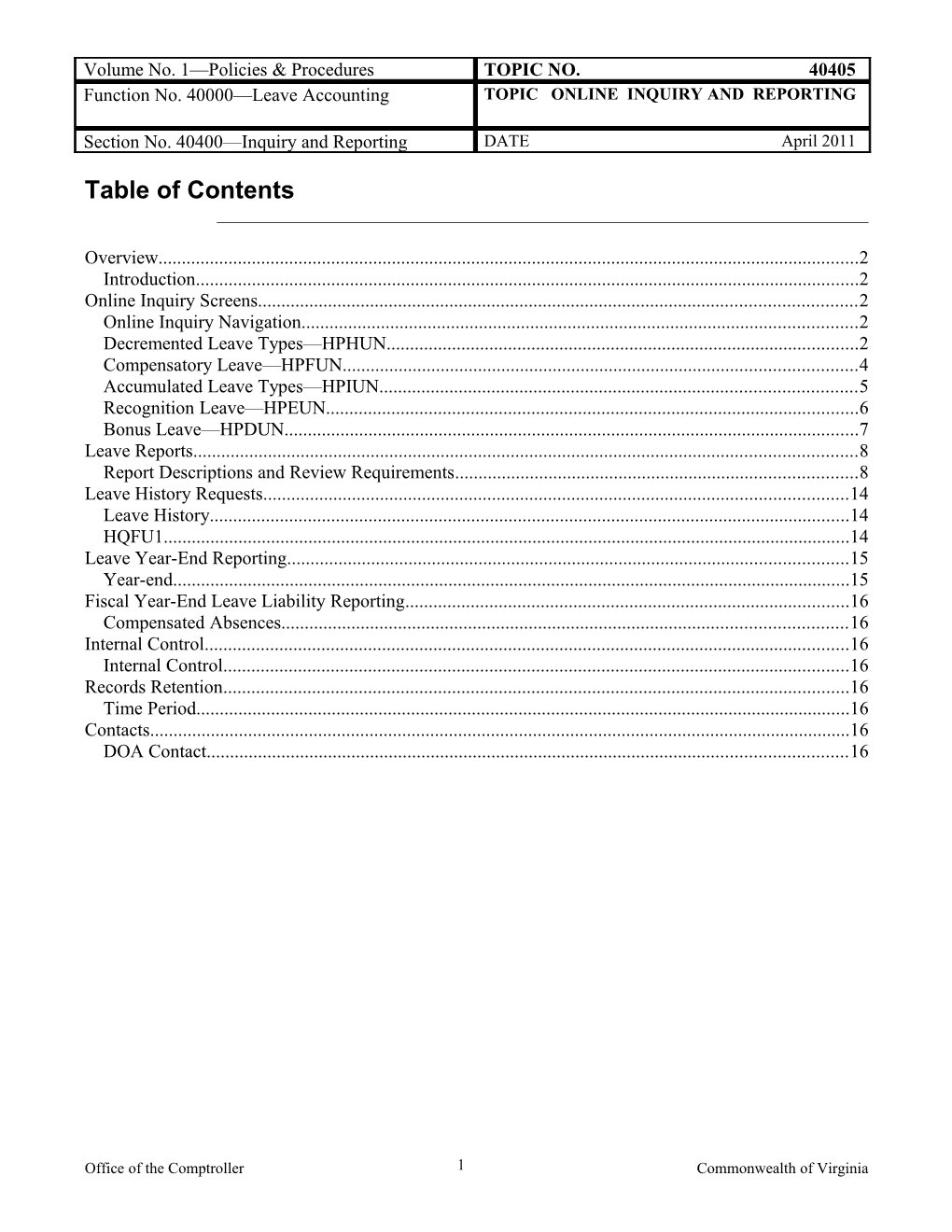 CAPP Manual - 40405 - Leave Accounting, Inquiry and Reporting, Online Inquriy and Reporting