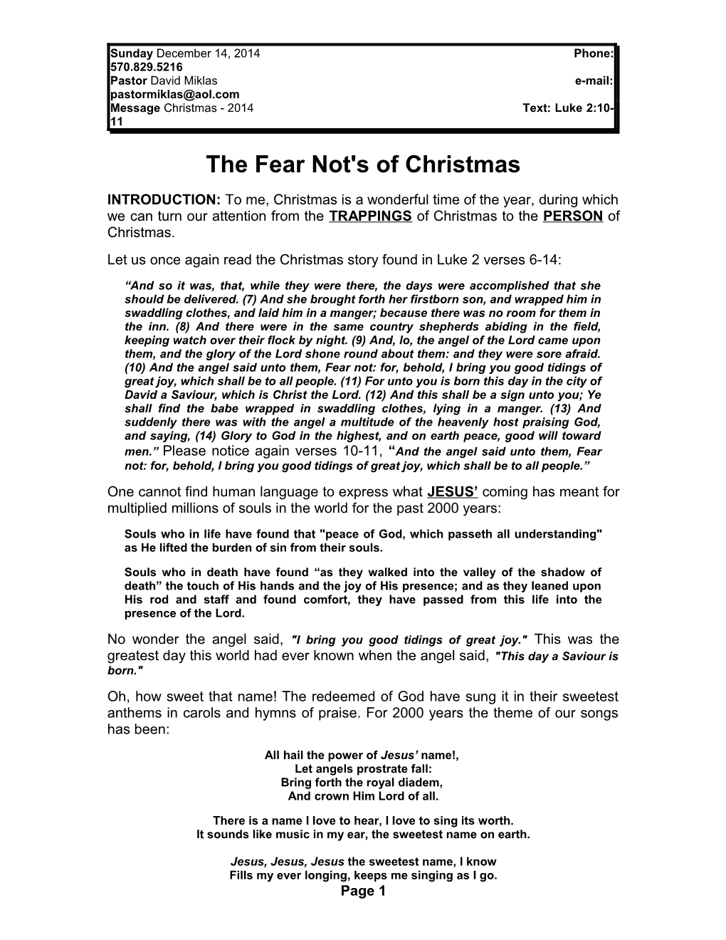The Fear Not's of Christmas