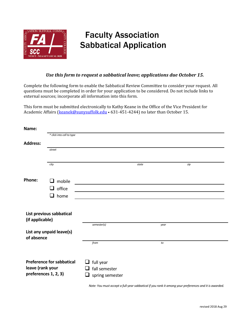 Use This Form to Requesta Sabbatical Leave; Applications Due October 15