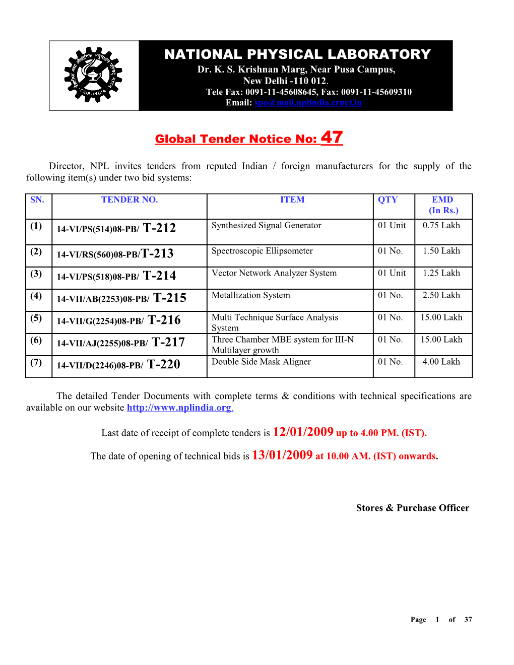 Global Tender Notice No: 47