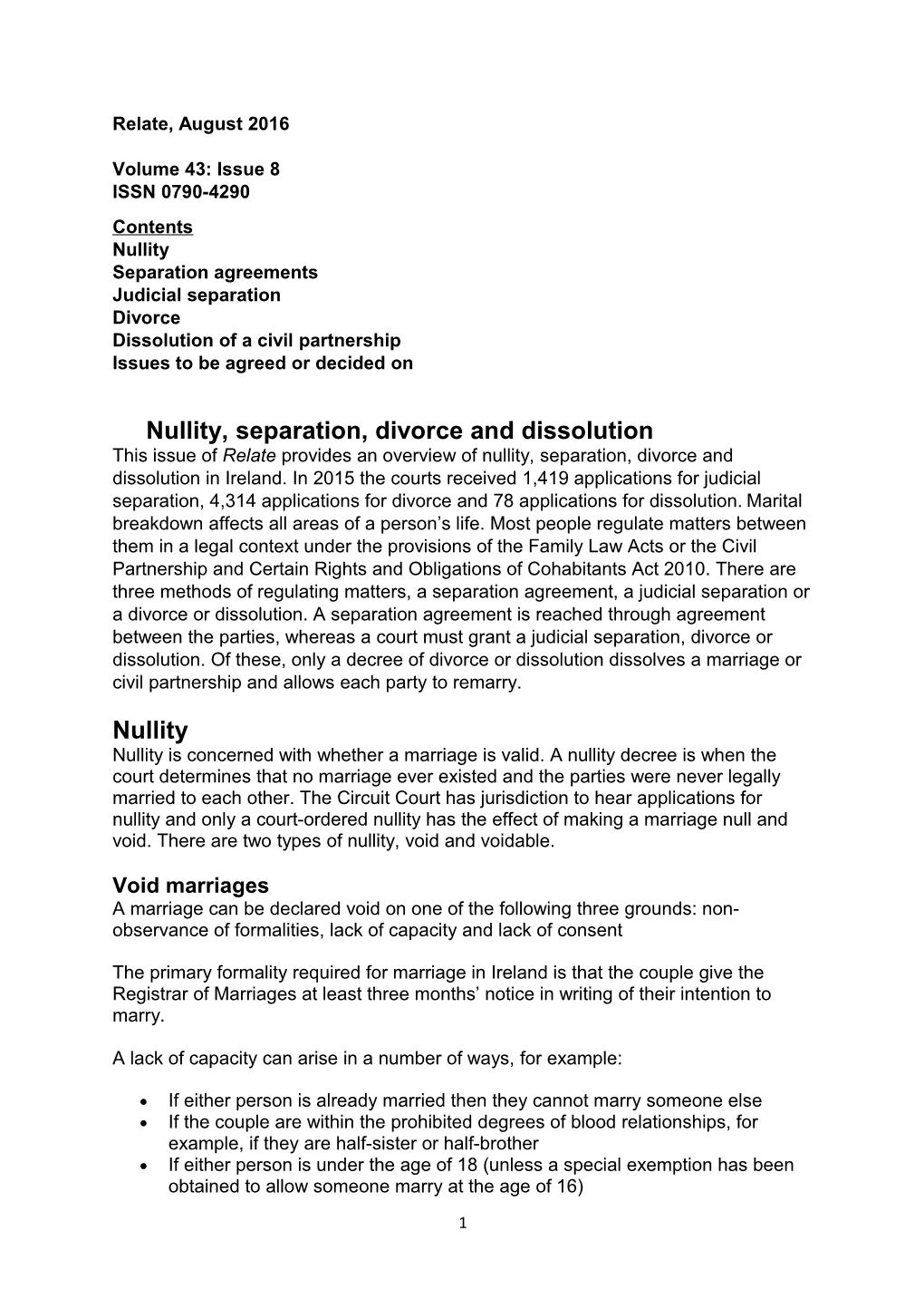 Nullity, Separation, Divorce and Dissolution