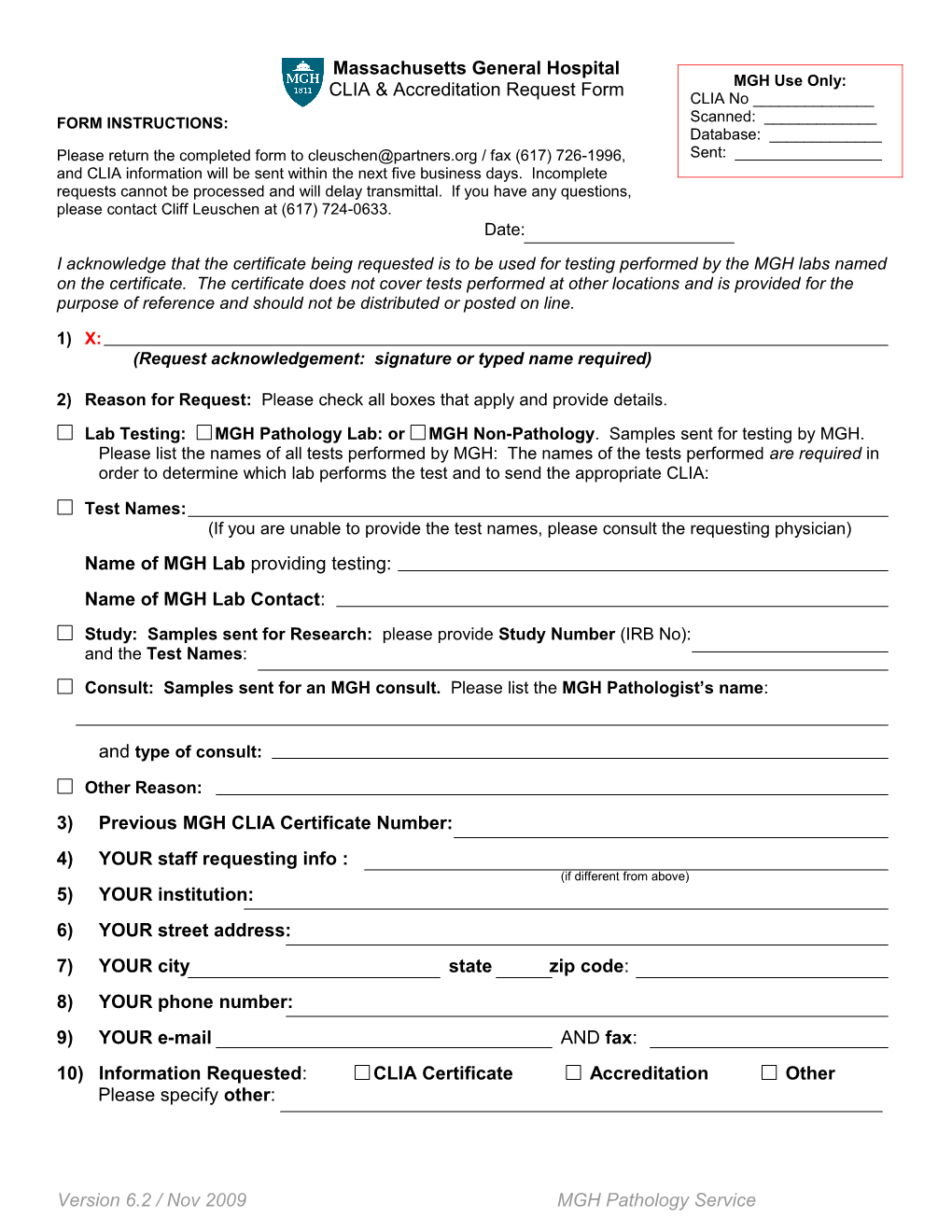 CLIA & Accreditation Request Form