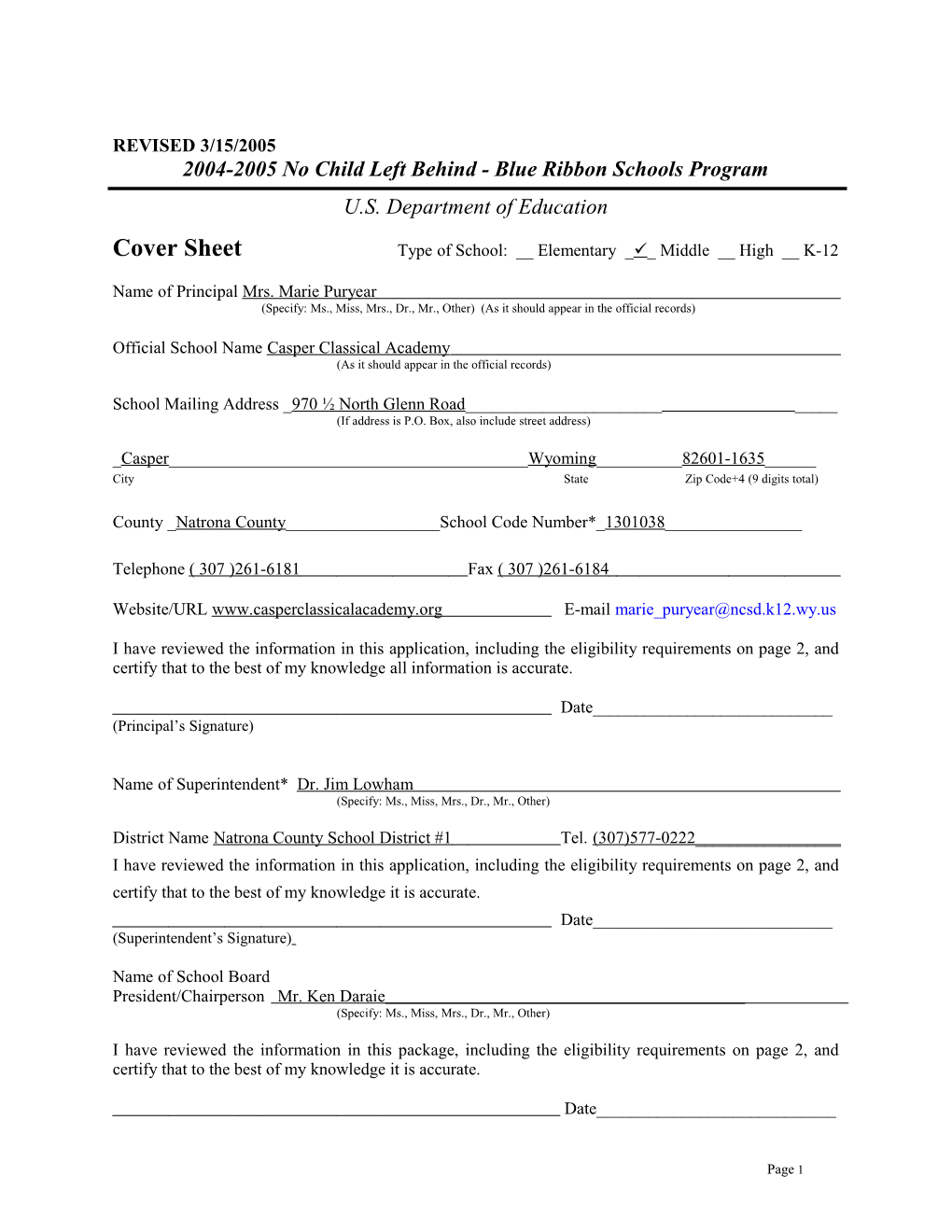 Casper Classical Academy Application: 2004-2005, No Child Left Behind - Blue Ribbon Schools