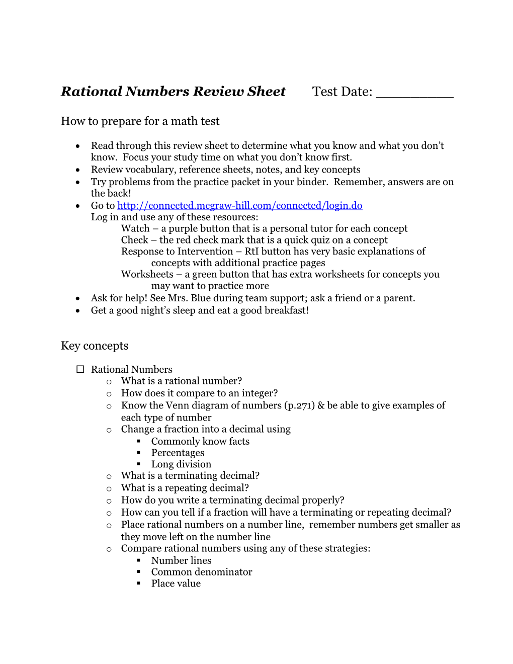 Rational Numbers Review Sheet Test Date: ______