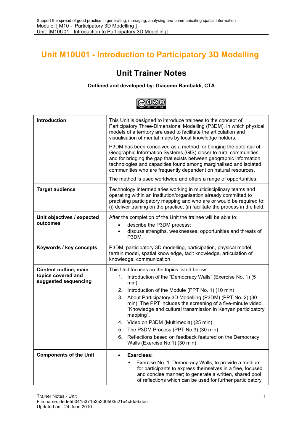 Unit Trainer Notes - Introduction to Participatory 3D Modelling