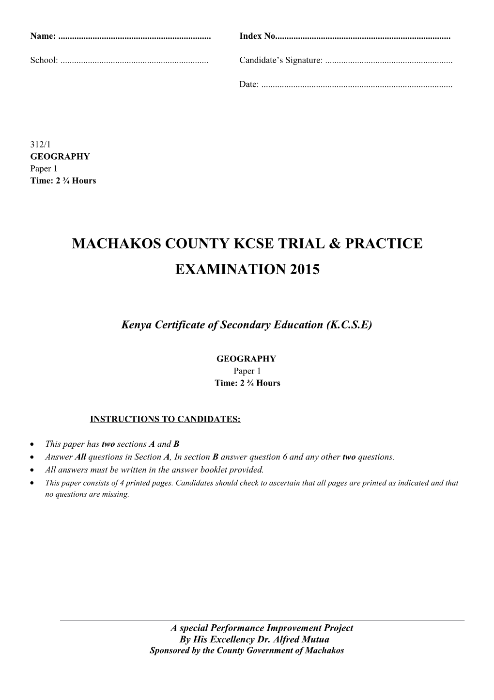 Machakos County Kcsetrial & Practice Examination 2015