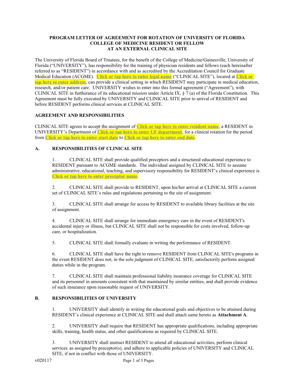 Agreement for Rotation of University of Florida