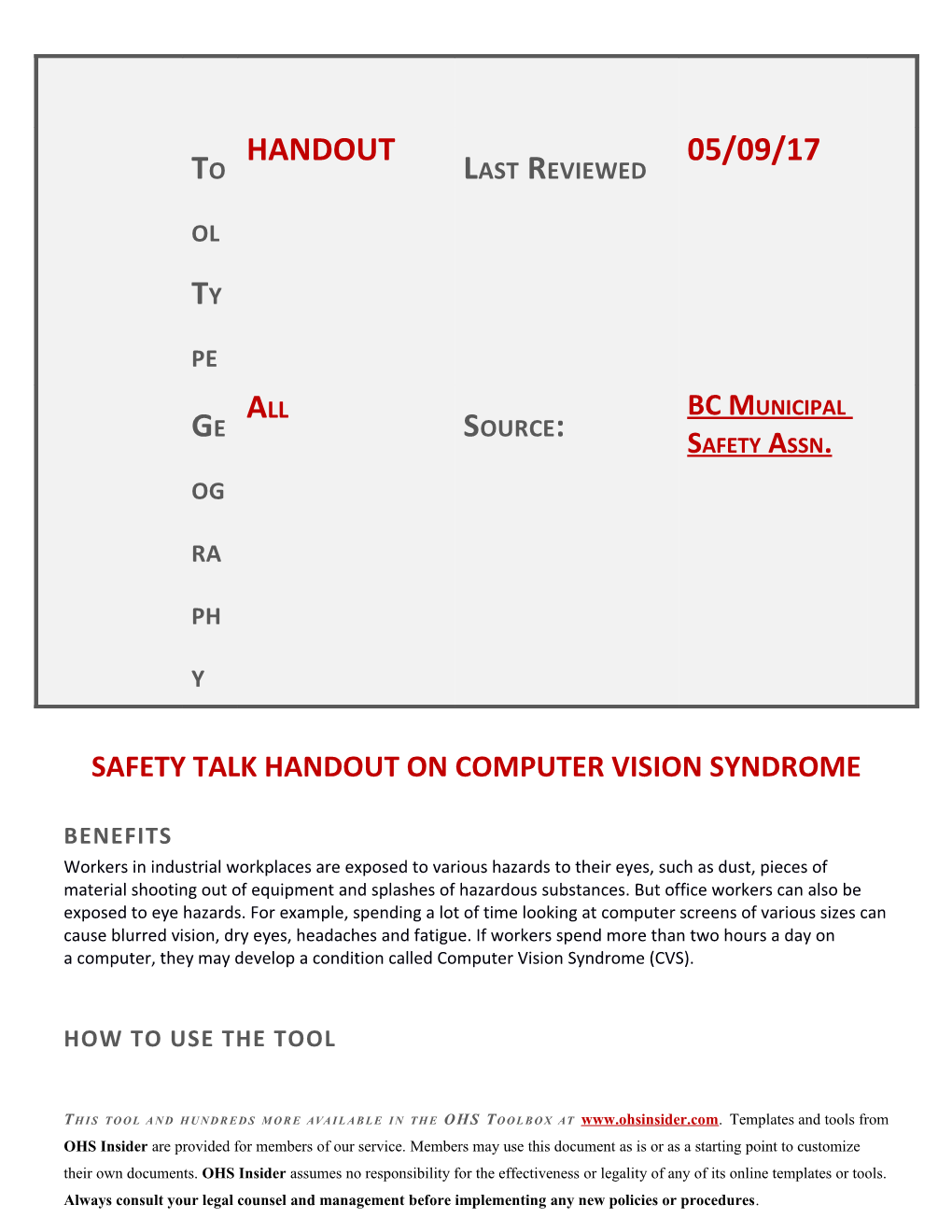 Safety Talk Handout on Computer Vision Syndrome