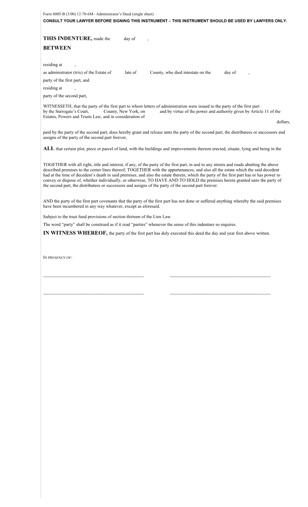 Form 8005-B (3/00) 12-70-6M Administrator S Deed (Single Sheet)