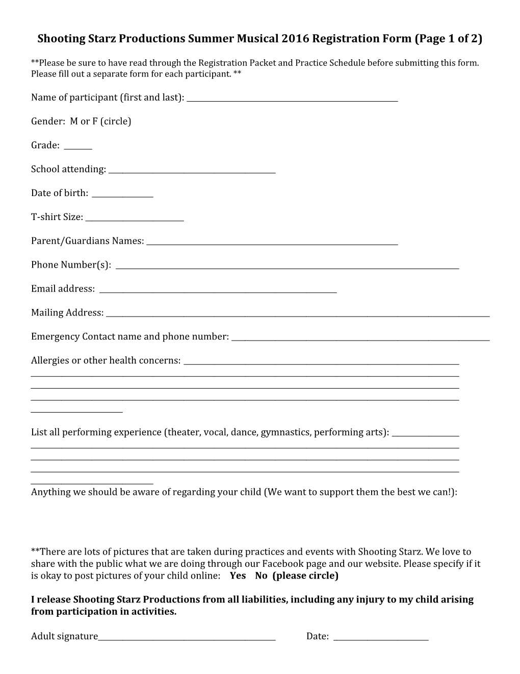Shooting Starz Productions Summer Musical 2016 Registration Form (Page 1 of 2)
