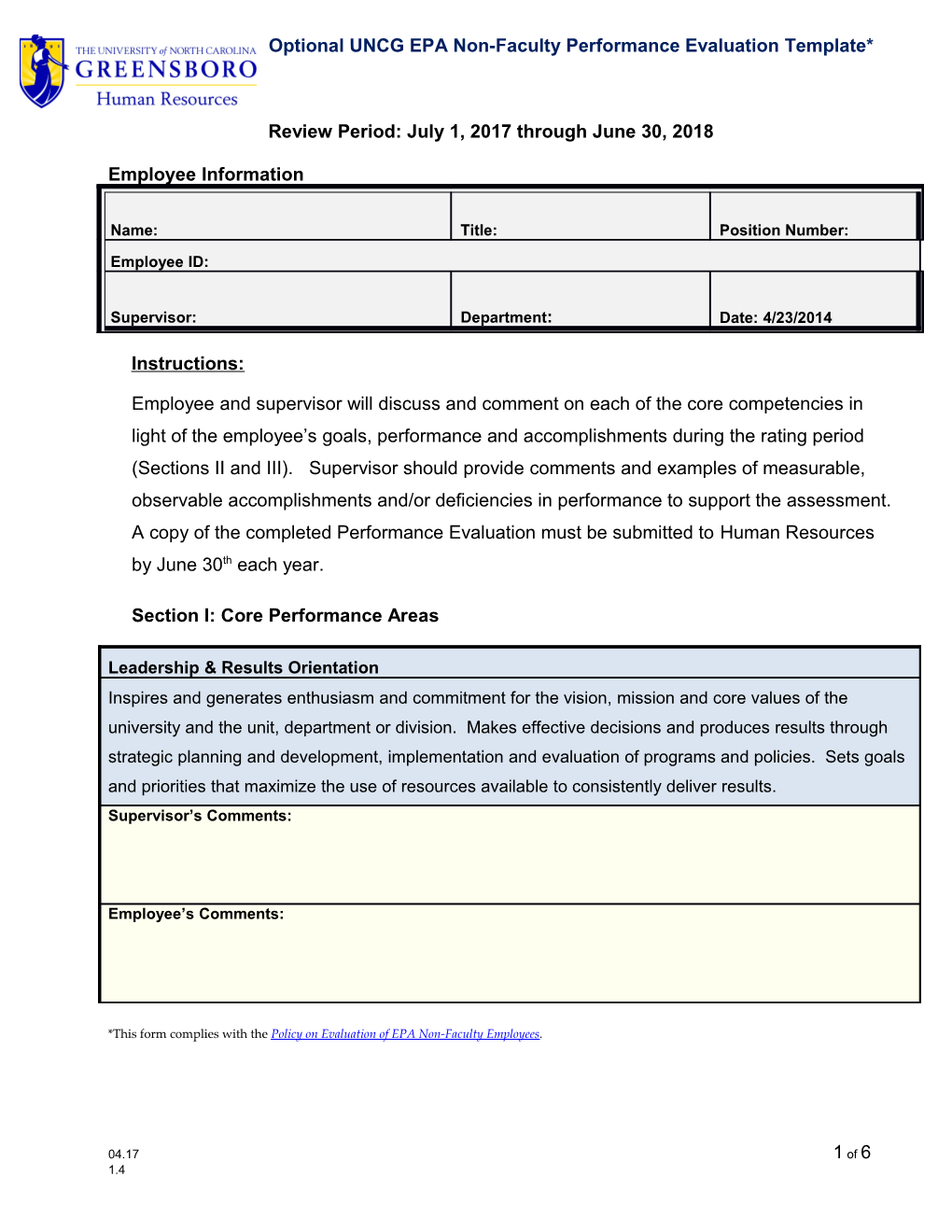 Optional UNCG EPA Non-Faculty Performance Evaluation Template*