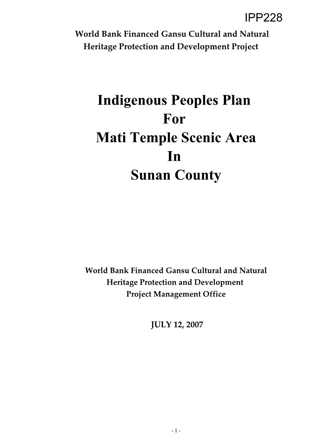 World Bank Financedgansu Cultural and Natural Heritage Protection and Development