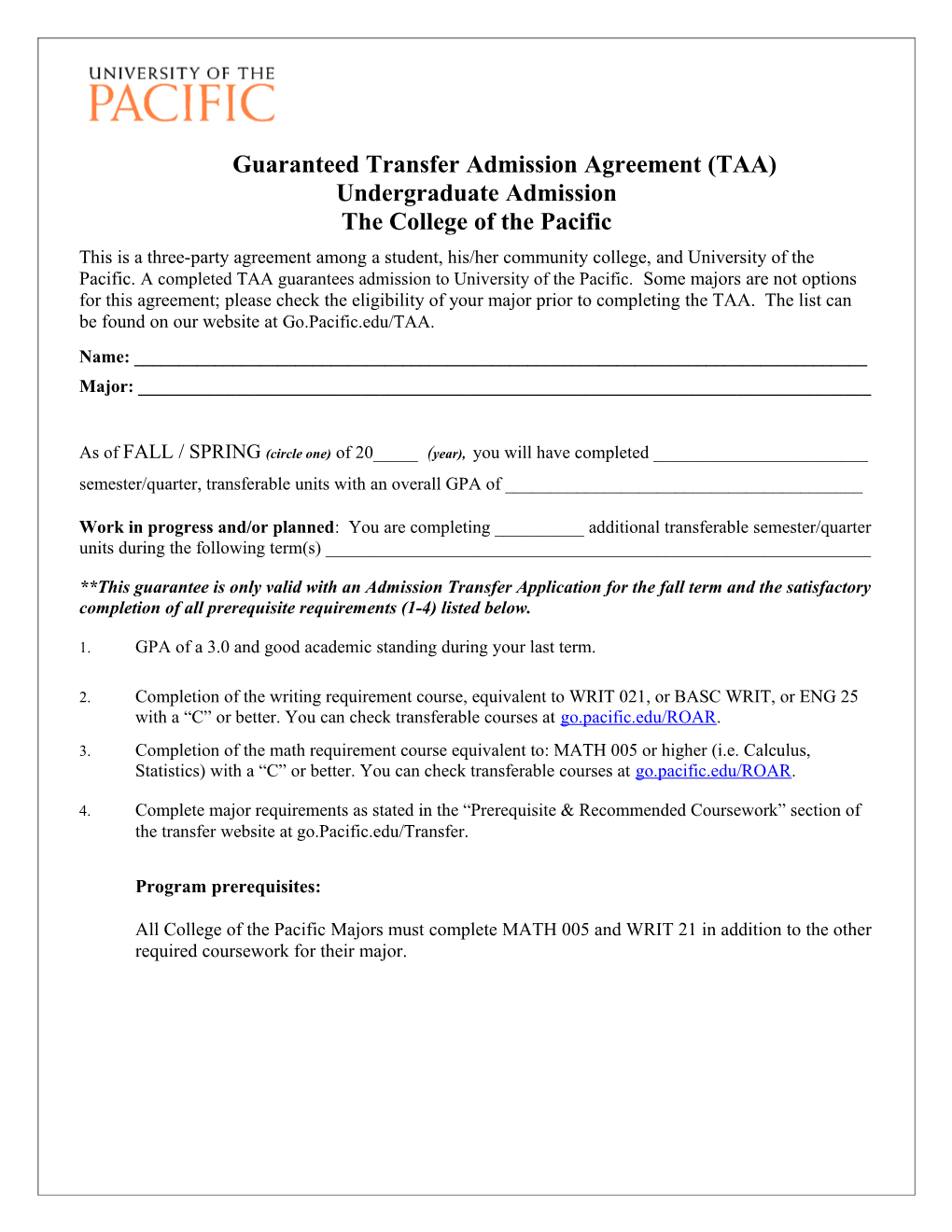 Guaranteed Transfer Admission Agreement (TAA)