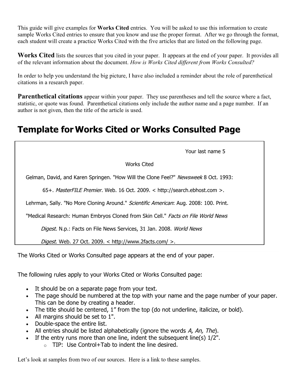 Template for Works Cited Or Works Consulted Page