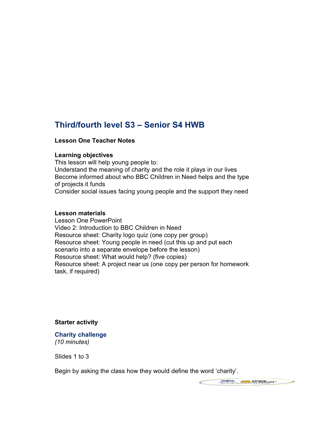 Third/Fourth Level S3 Senior S4 HWB
