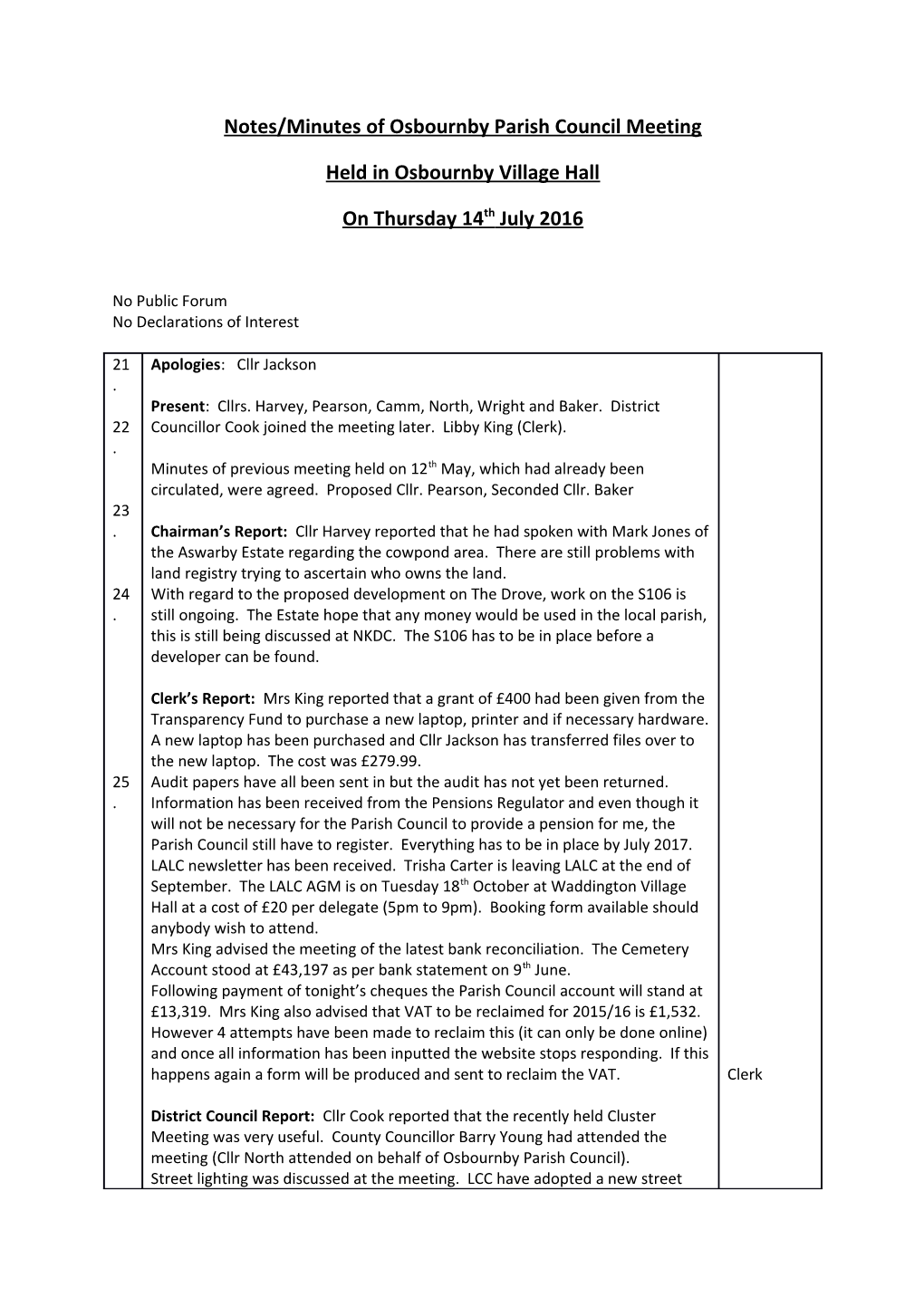 Notes/Minutes of Osbournby Parish Council Meeting