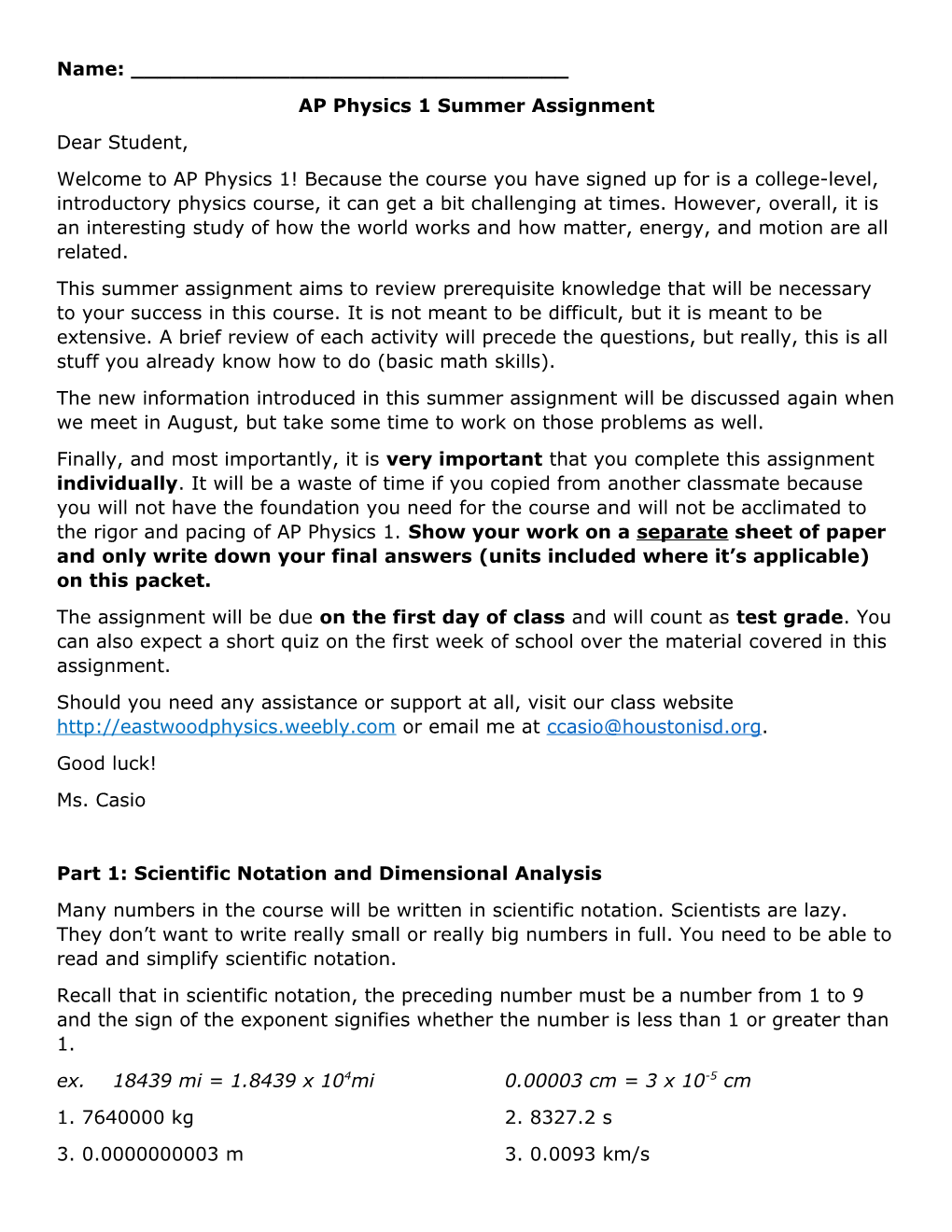 AP Physics 1 Summer Assignment