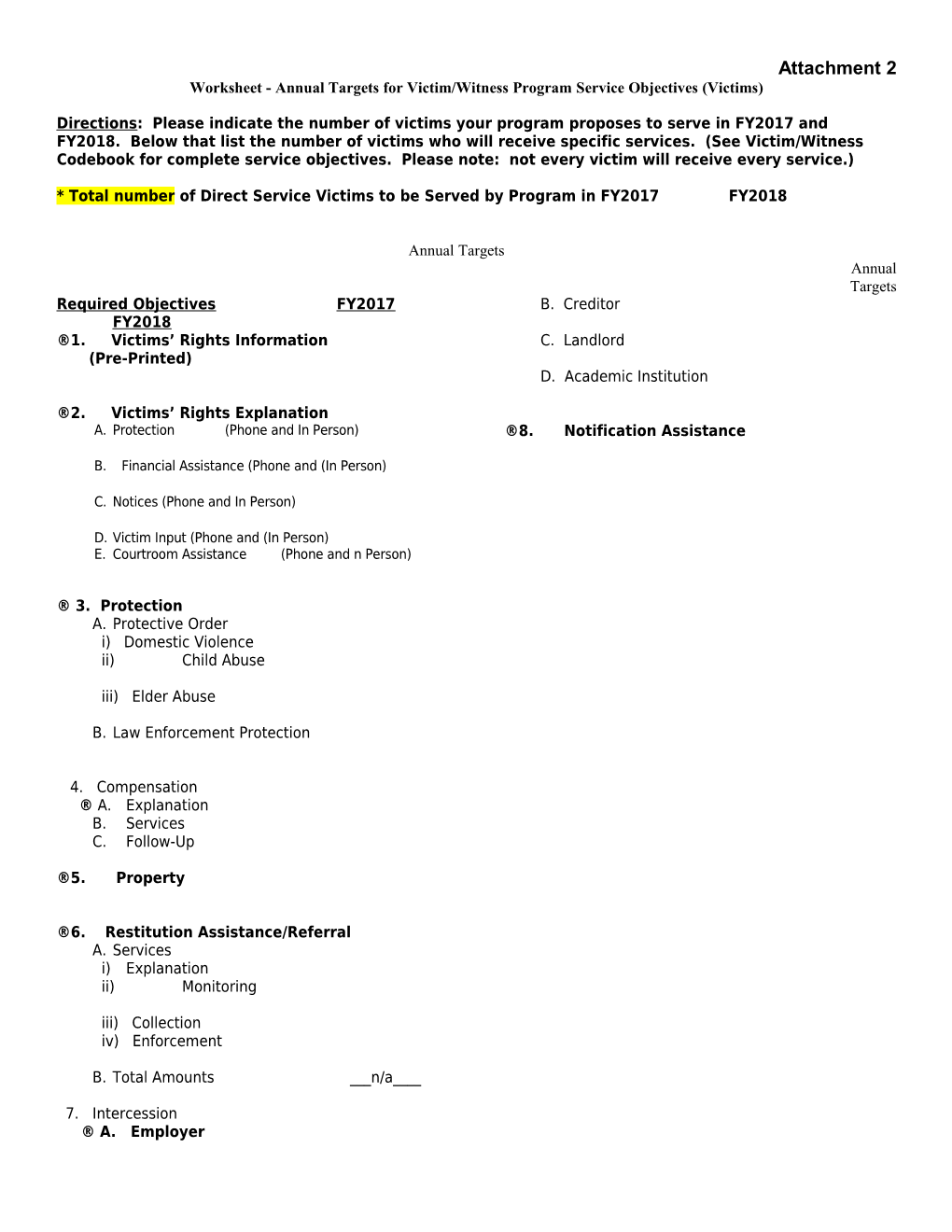 ATTACHMENT ?Worksheet - Annual Targets for Service Objectives