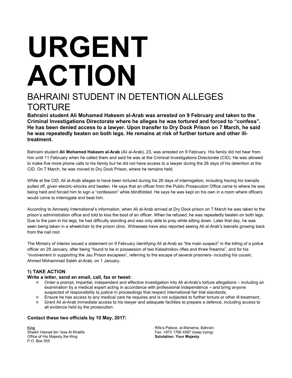 Bahraini Student in DETENTION Alleges Torture