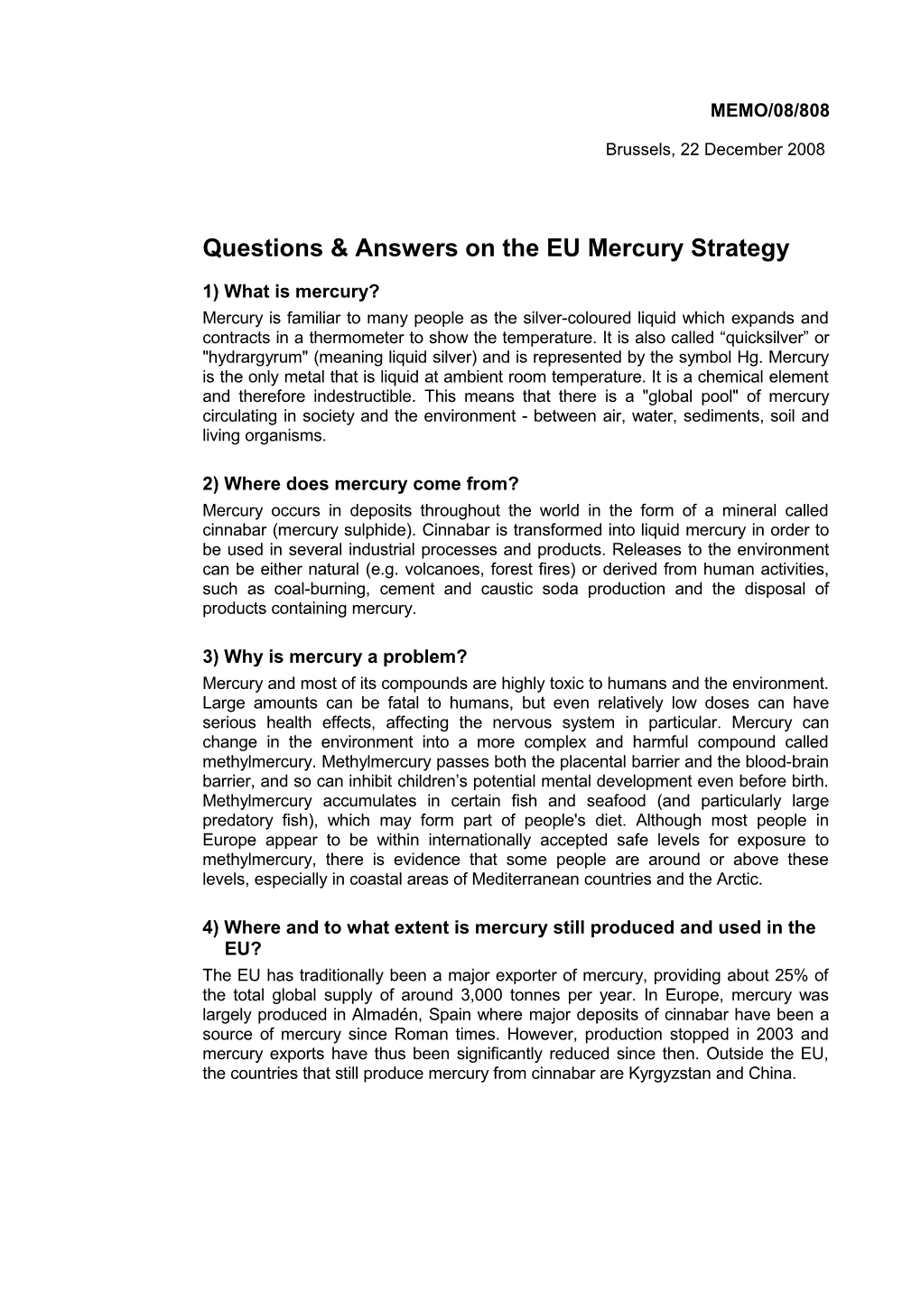 Questions & Answers on the EU Mercury Strategy