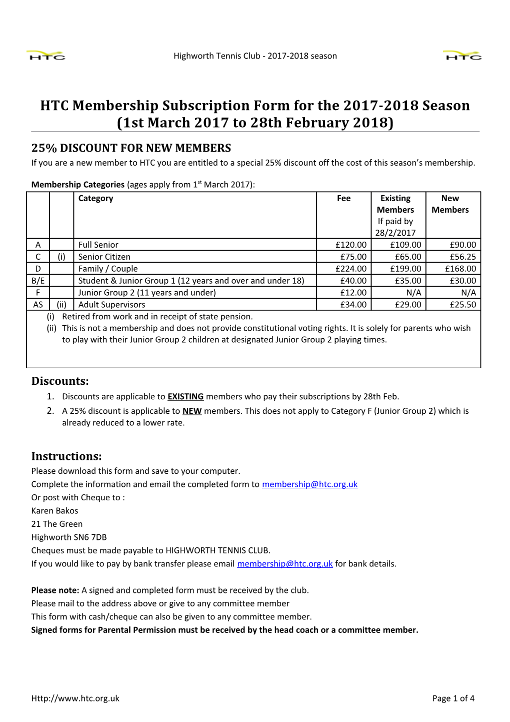 HTC Membership Subscription Form for the 2017-2018Season (1St March 2017 to 28Thfebruary 2018)