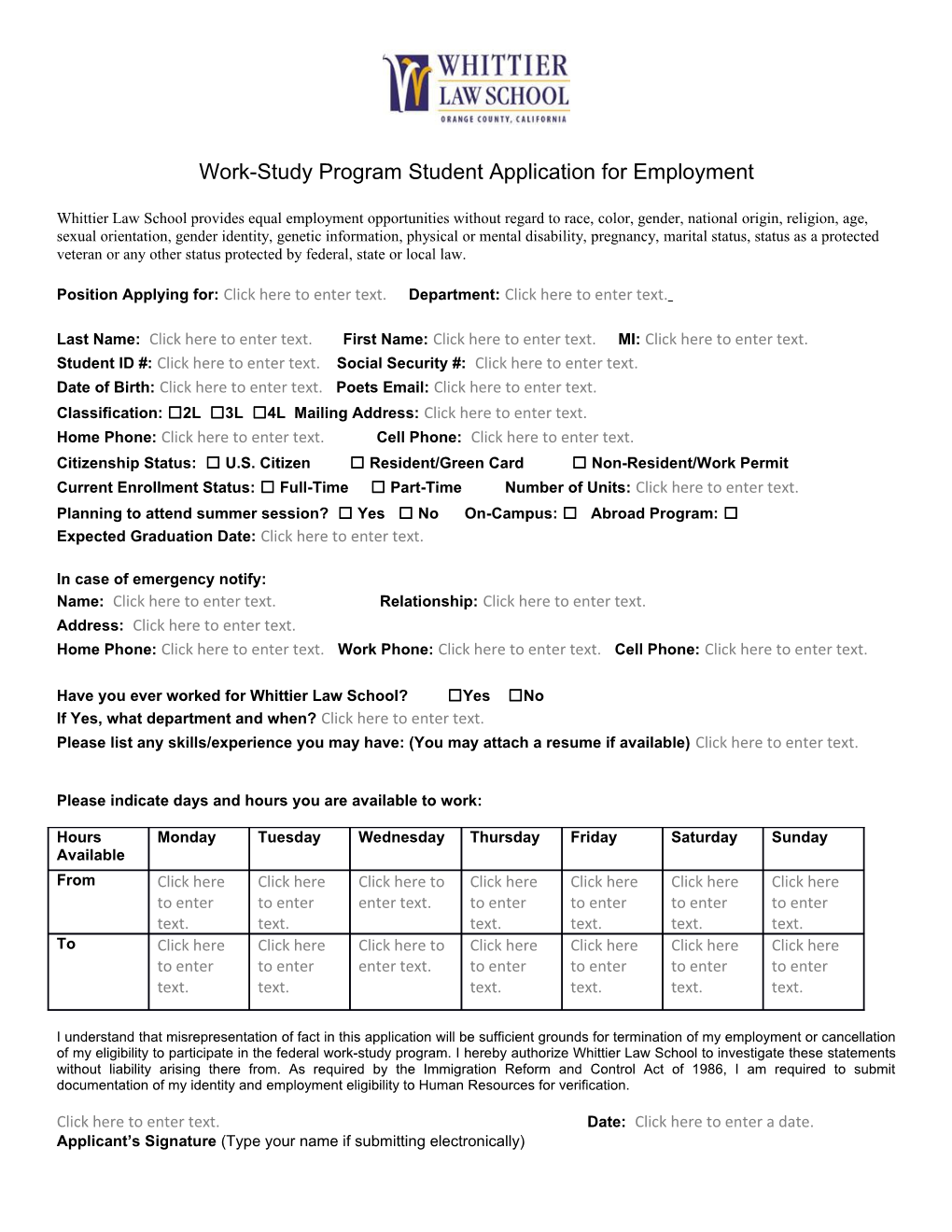 Work-Study Program Student Application for Employment