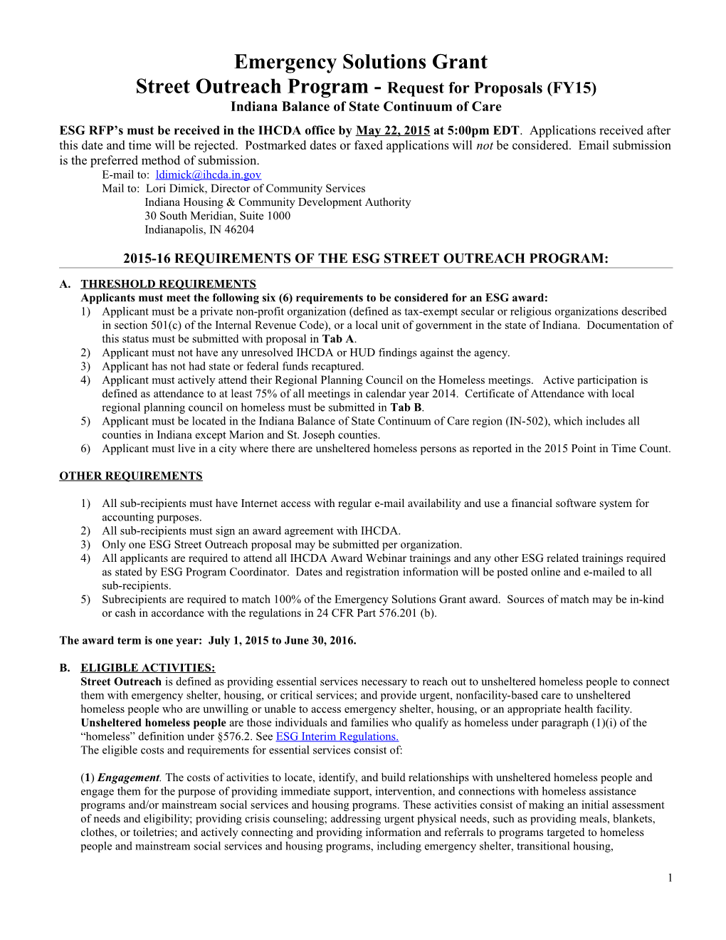 Street Outreach Program - Request for Proposals (FY15)