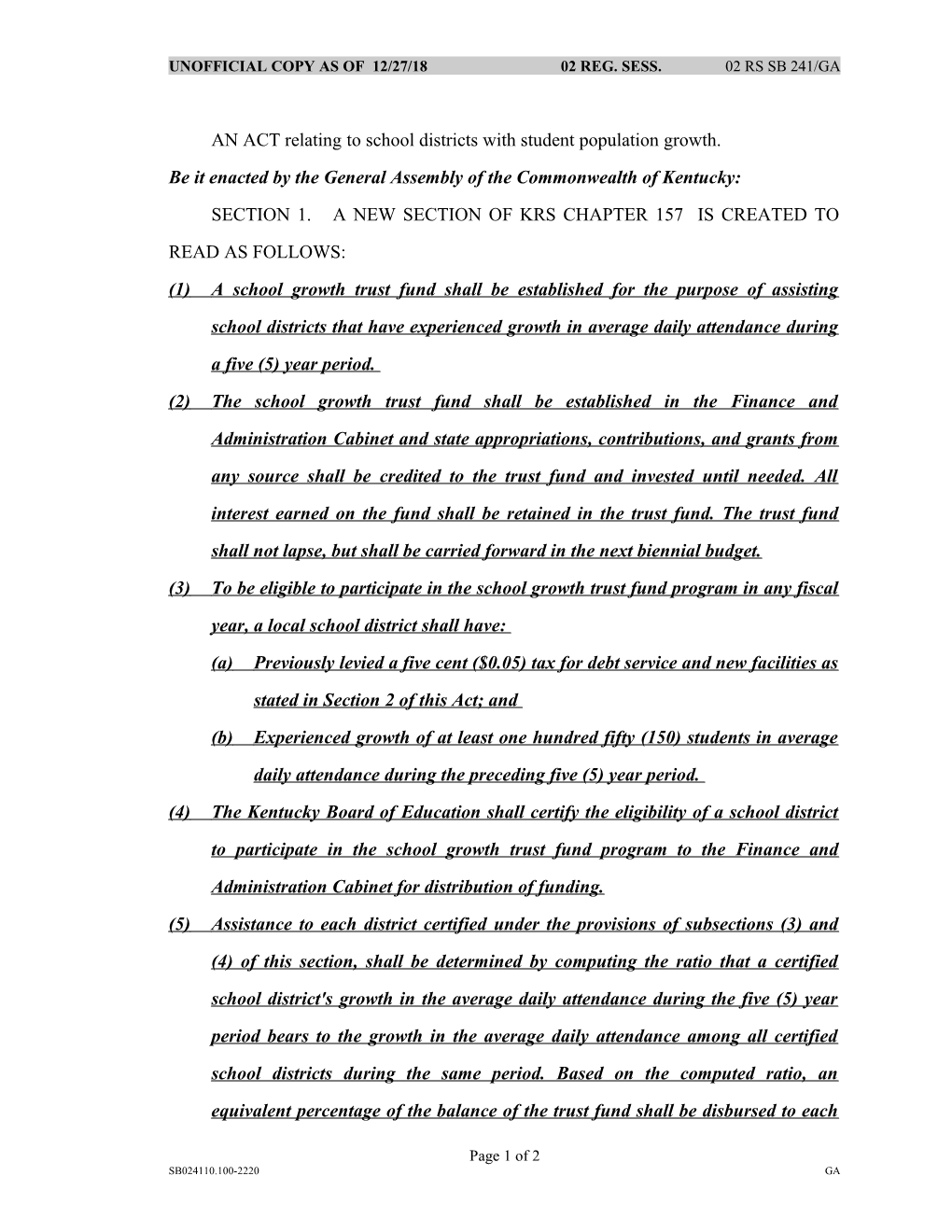 AN ACT Relating to School Districts with Student Population Growth