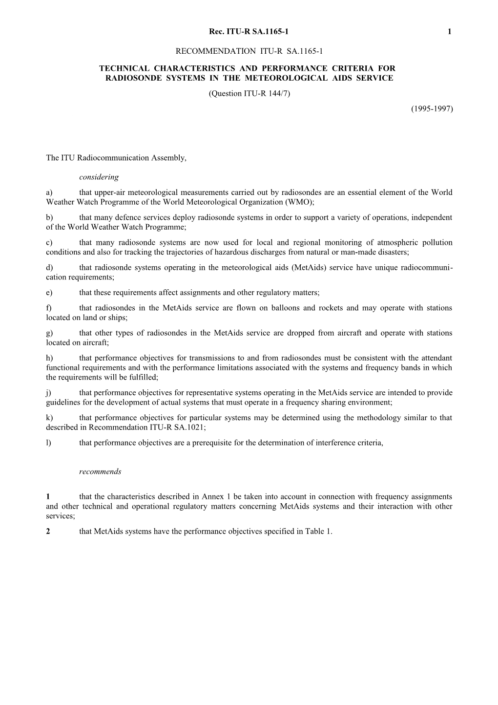 SA.1165-1 - Technical Characteristics and Performance Criteria for Radiosonde Systems In