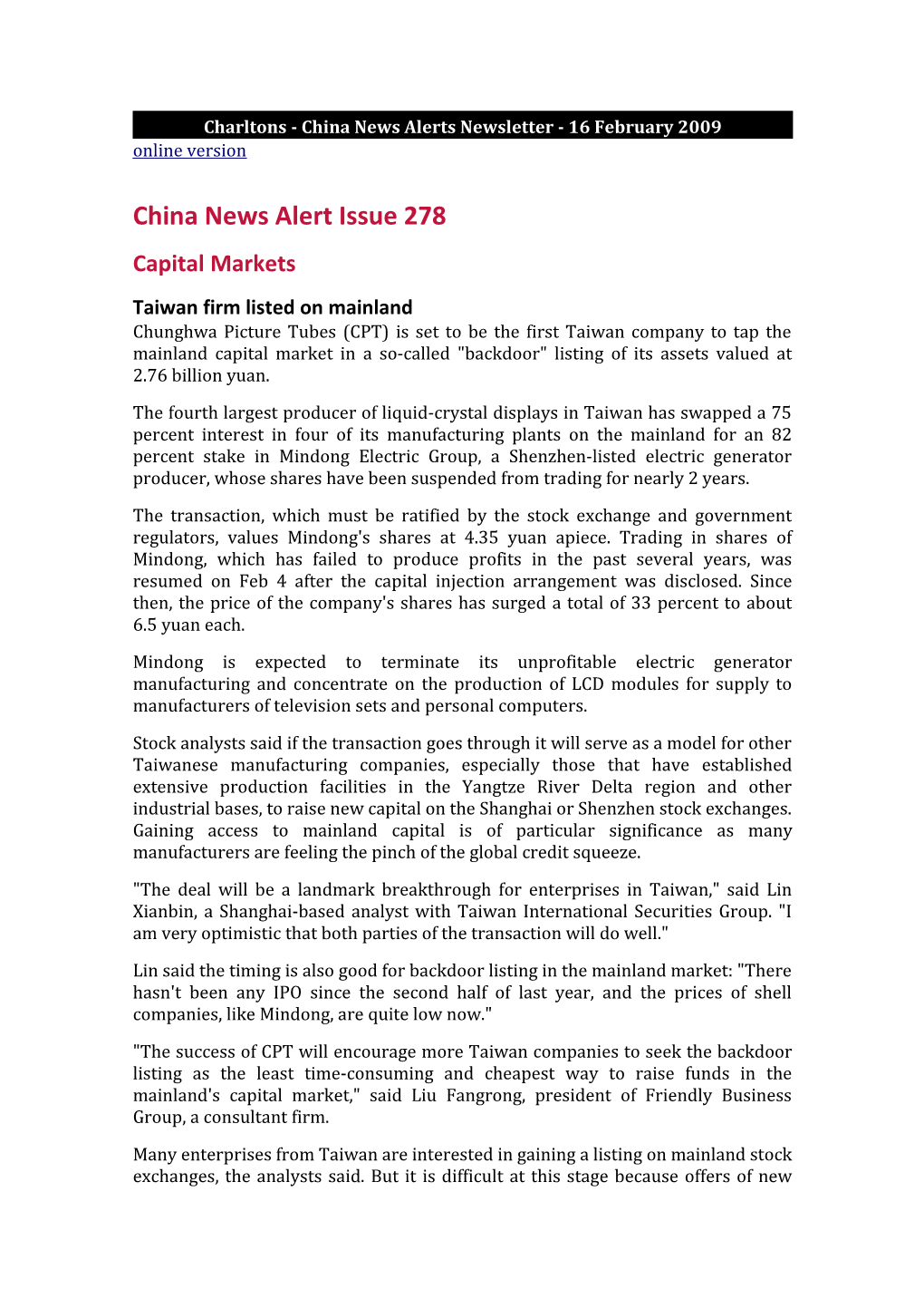 Charltons - China News Alerts Newsletter - 16 February 2009