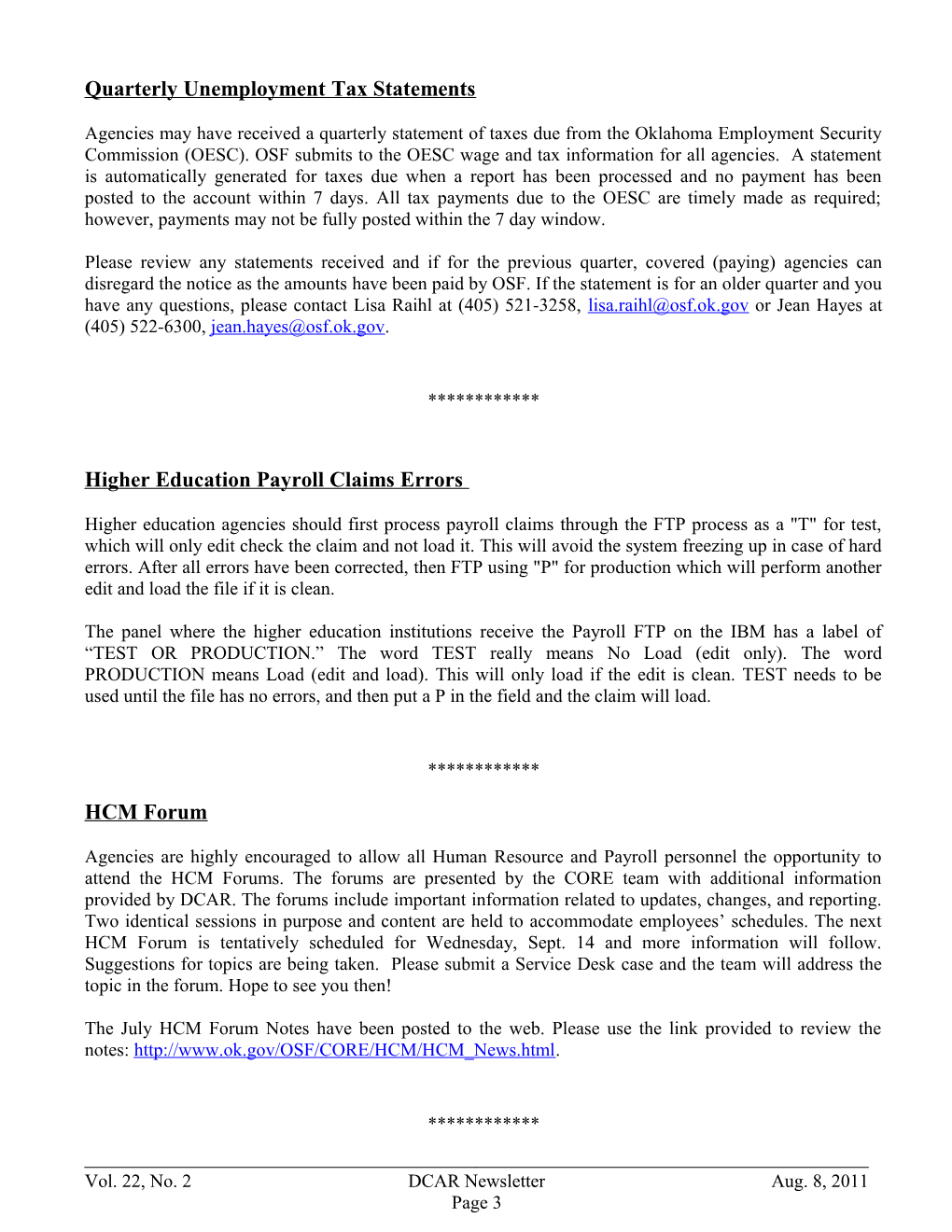 Office of State Finance DCAR Newsletter, Aug. 8, 2011