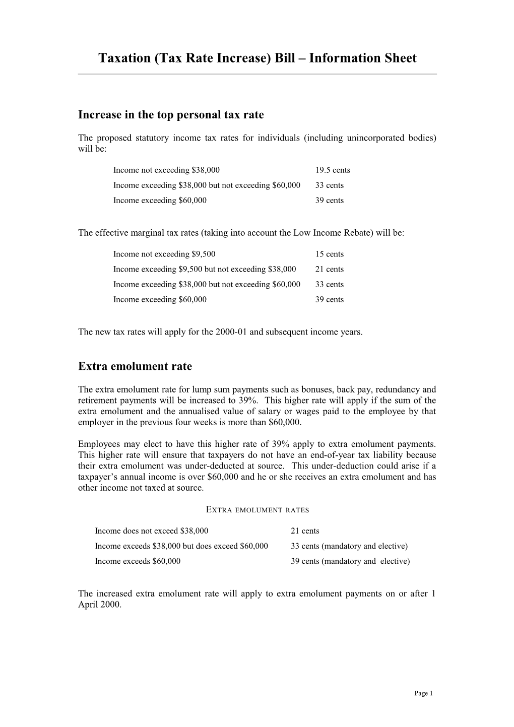 Taxation (Tax Rate Increase) Bill Information Sheet