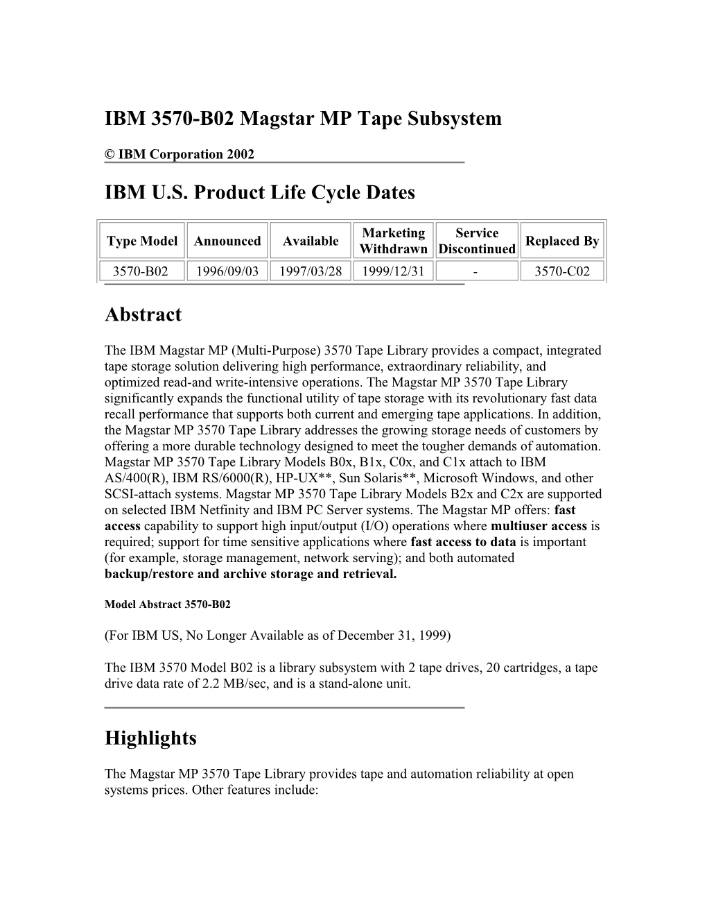 IBM 3570-B02 Magstar MP Tape Subsystem