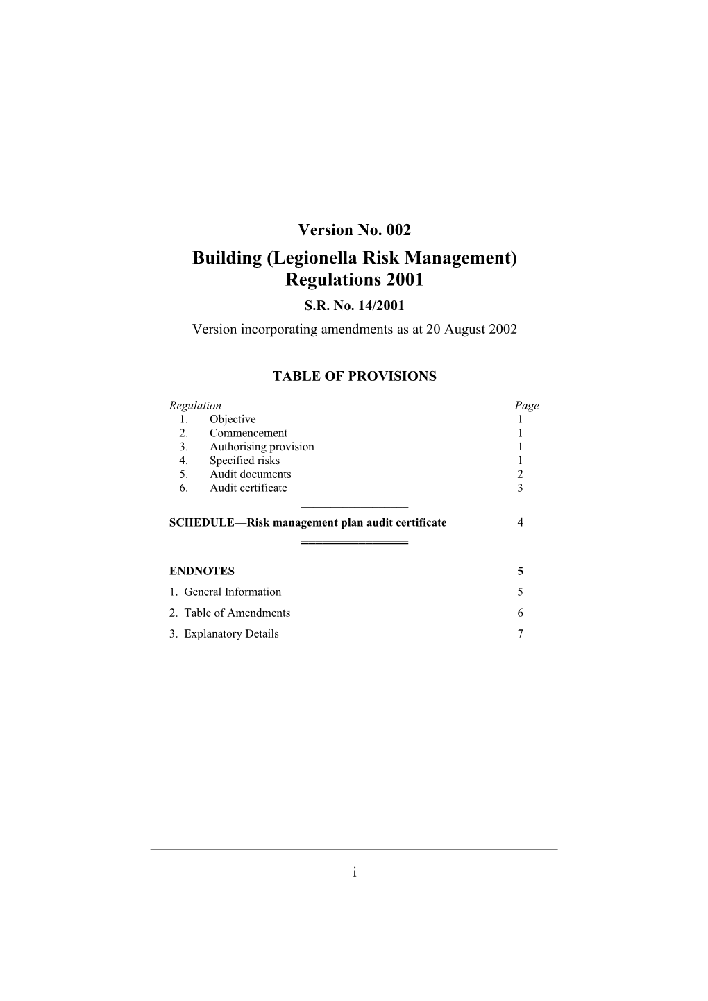 Building (Legionella Risk Management) Regulations 2001