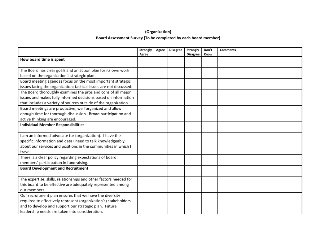 Board Assessment Survey (To Be Completed by Each Board Member)