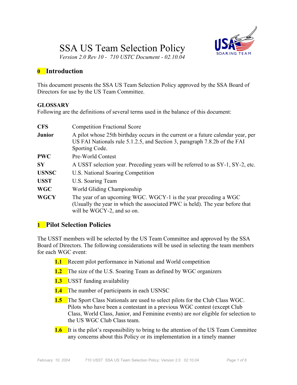 United States Soaring Team Selection Policy