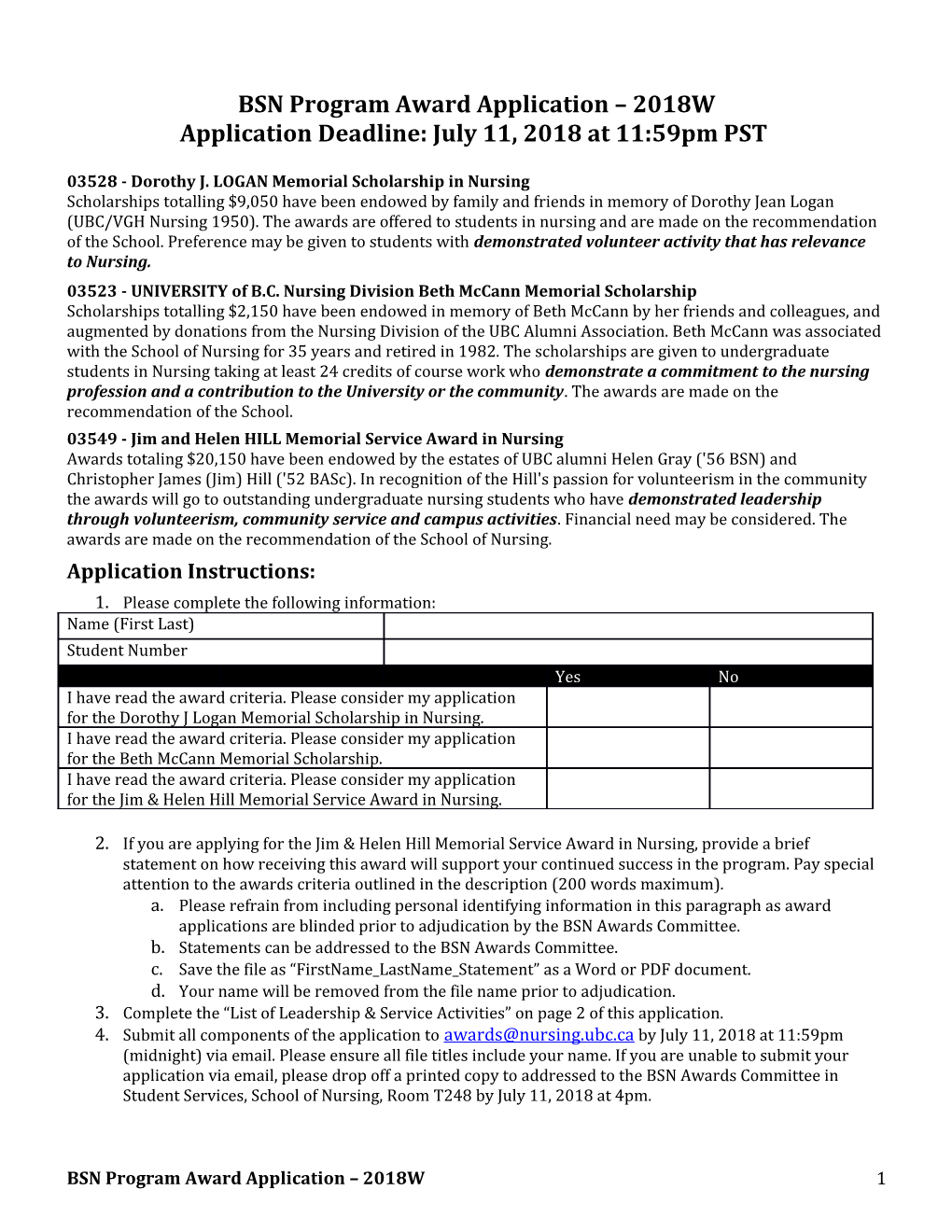 BSN Program Award Application 2018W