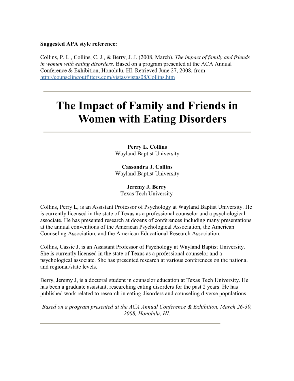 The Impact of Family and Friends in Women with Eating Disorders