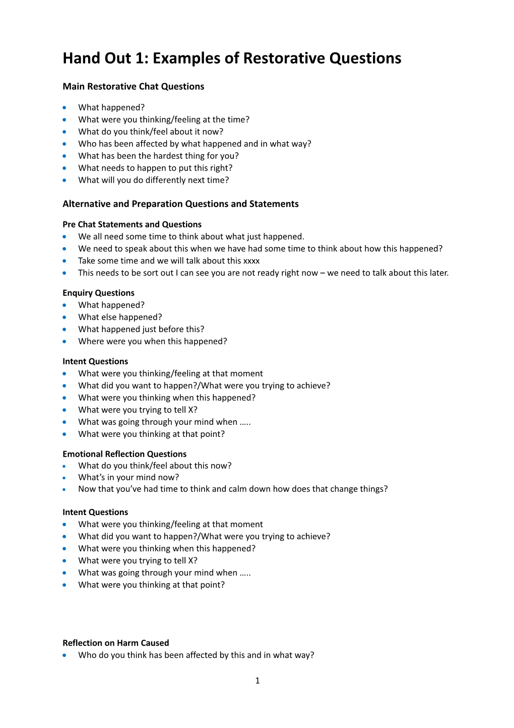 Hand out 1: Examples of Restorative Questions