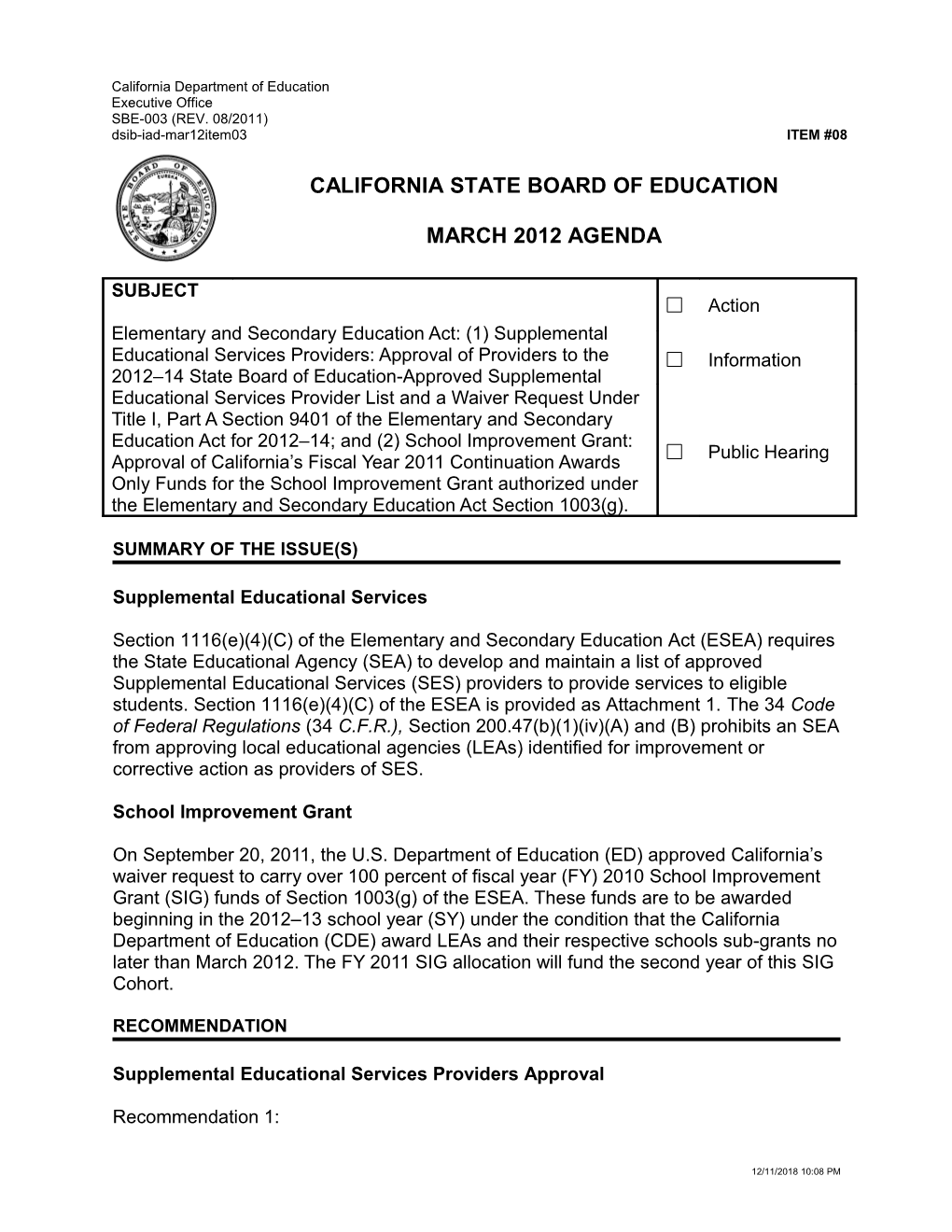 March 2012 Agenda Item 8 - Meeting Agendas (CA State Board of Education)