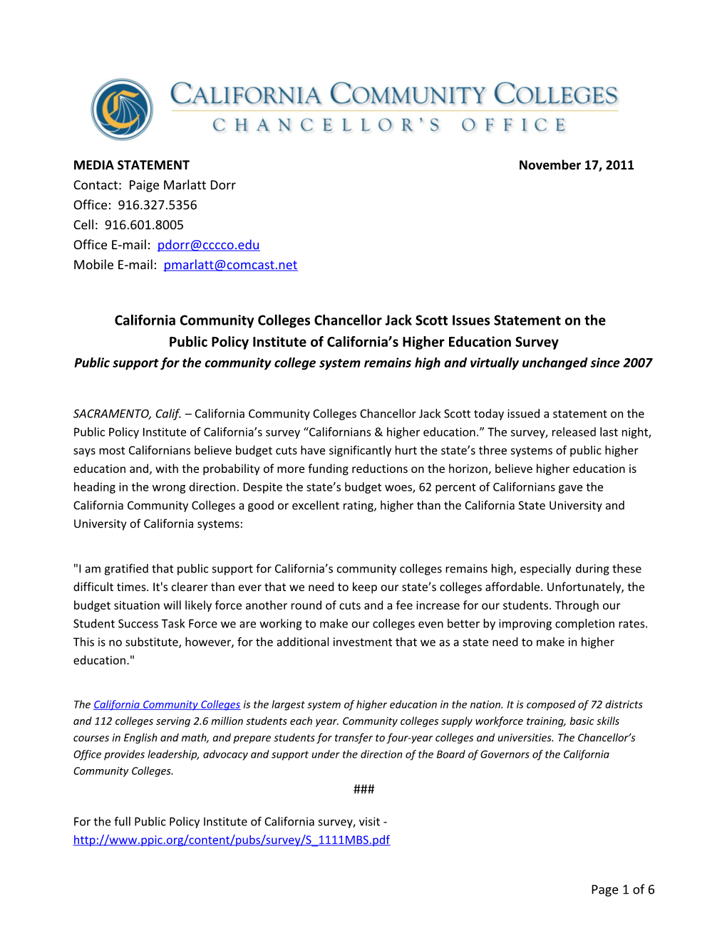 California Community Colleges Chancellor Jack Scott Issues Statement on The
